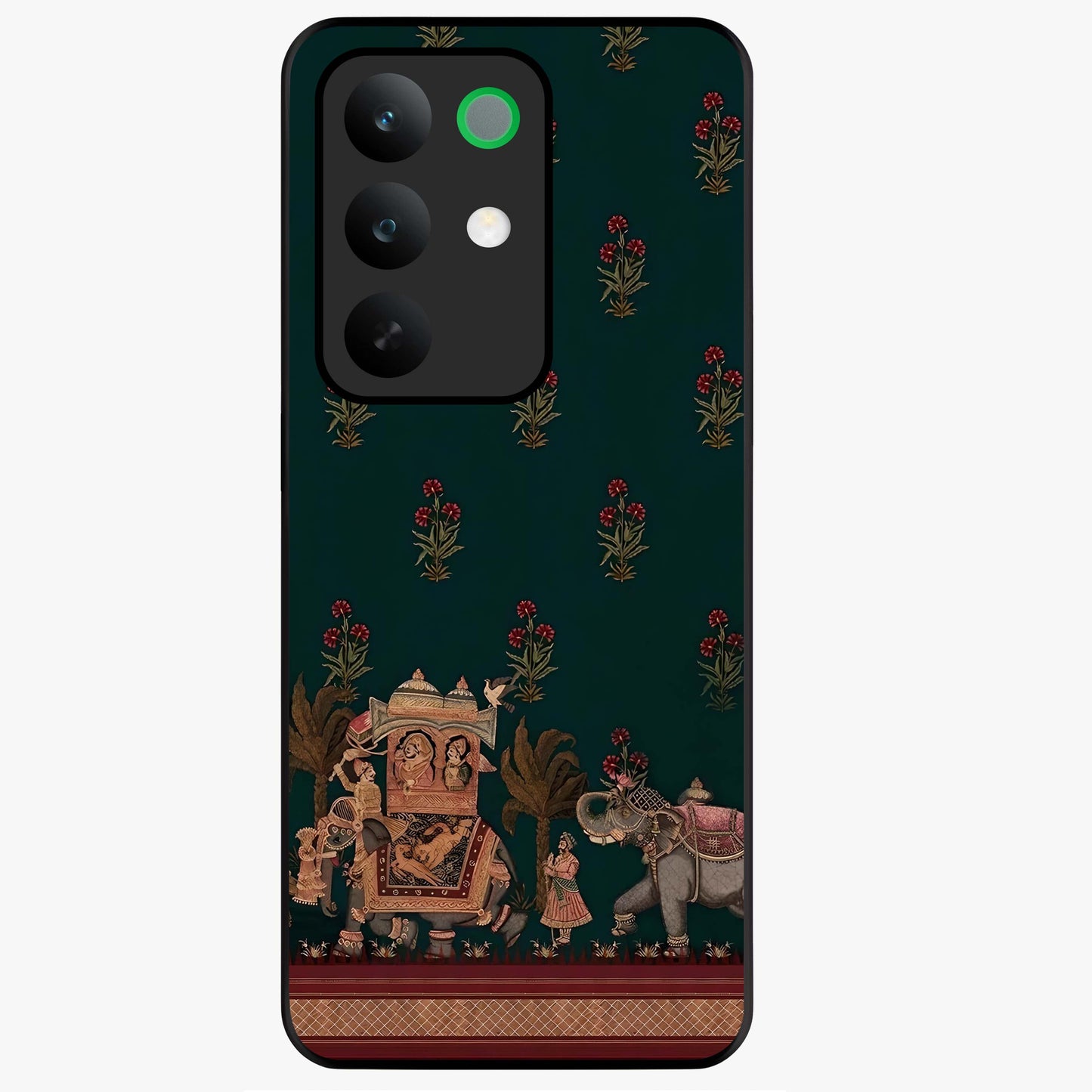 Macmerise Glass Case showing flat back view with stylish modern artwork and glossy glass finish.