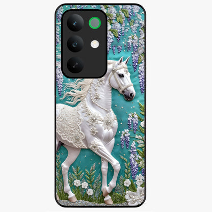 Majestic Floral Stallion Glass Case showing flat back view with powerful horse and floral artwork and glossy glass finish.