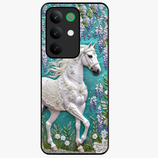Majestic Floral Stallion Glass Case showing flat back view with powerful horse and floral artwork and glossy glass finish.