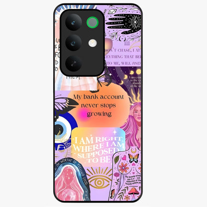 Manifestation Collage Glass Case showing flat back view with motivational collage artwork and glossy glass finish.