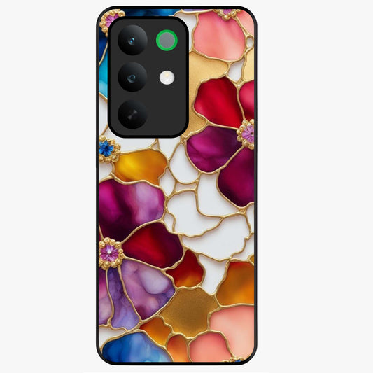 Marble Flower Pattern Glass Case showing flat back view with marble texture floral artwork and glossy glass finish.