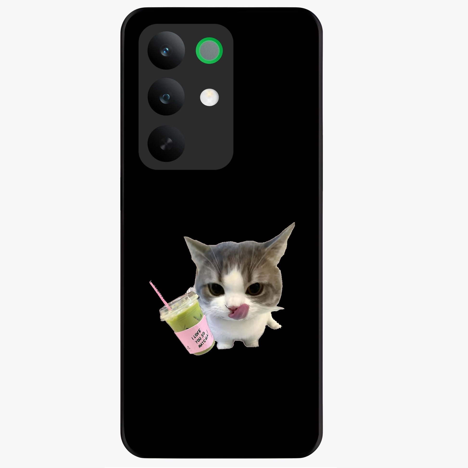 Matcha Cat Style Glass Case showing flat back view with cute matcha themed cat artwork and glossy glass finish.