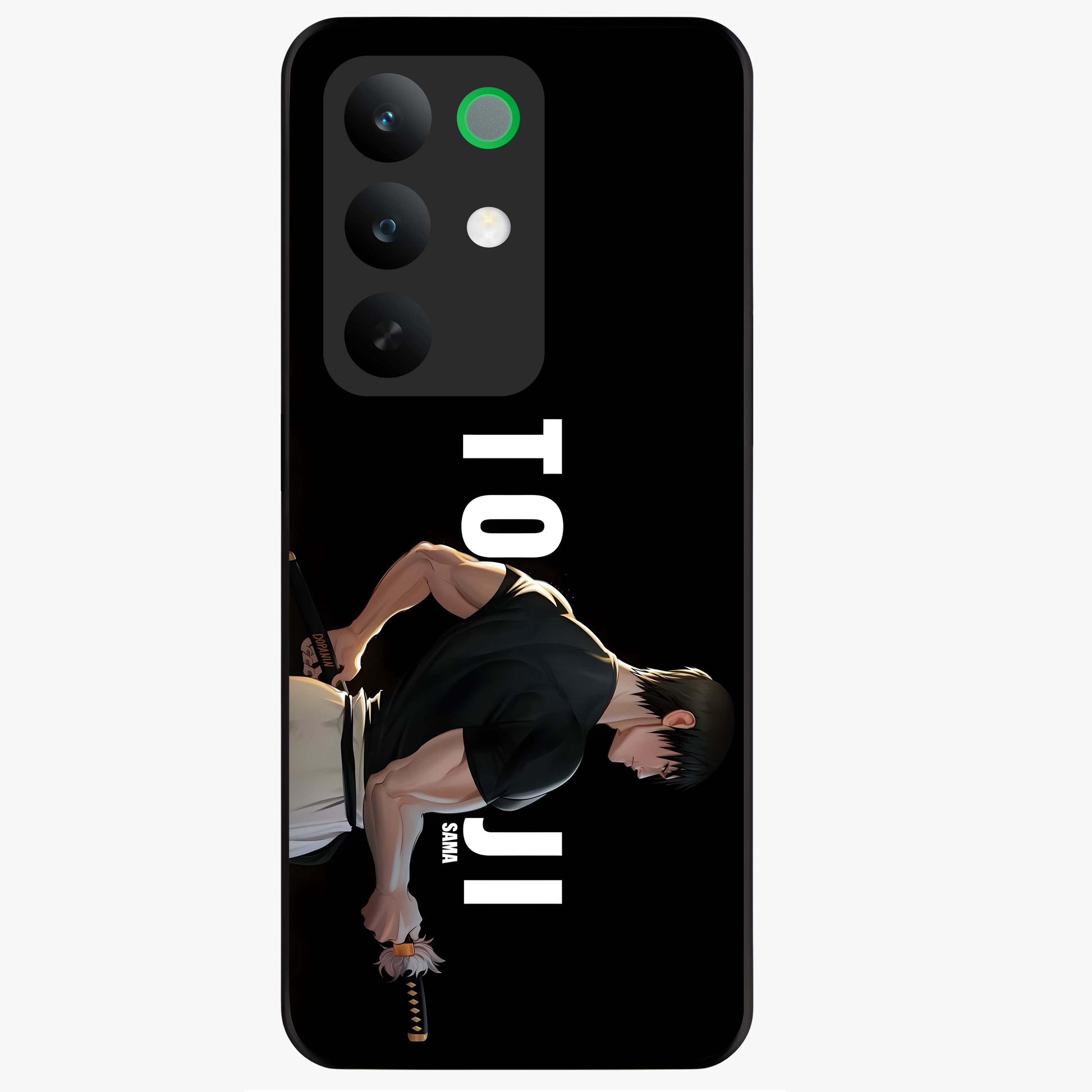 Midnight Blade Resolve Glass Case showing flat back view with dark warrior sword artwork and glossy glass finish.