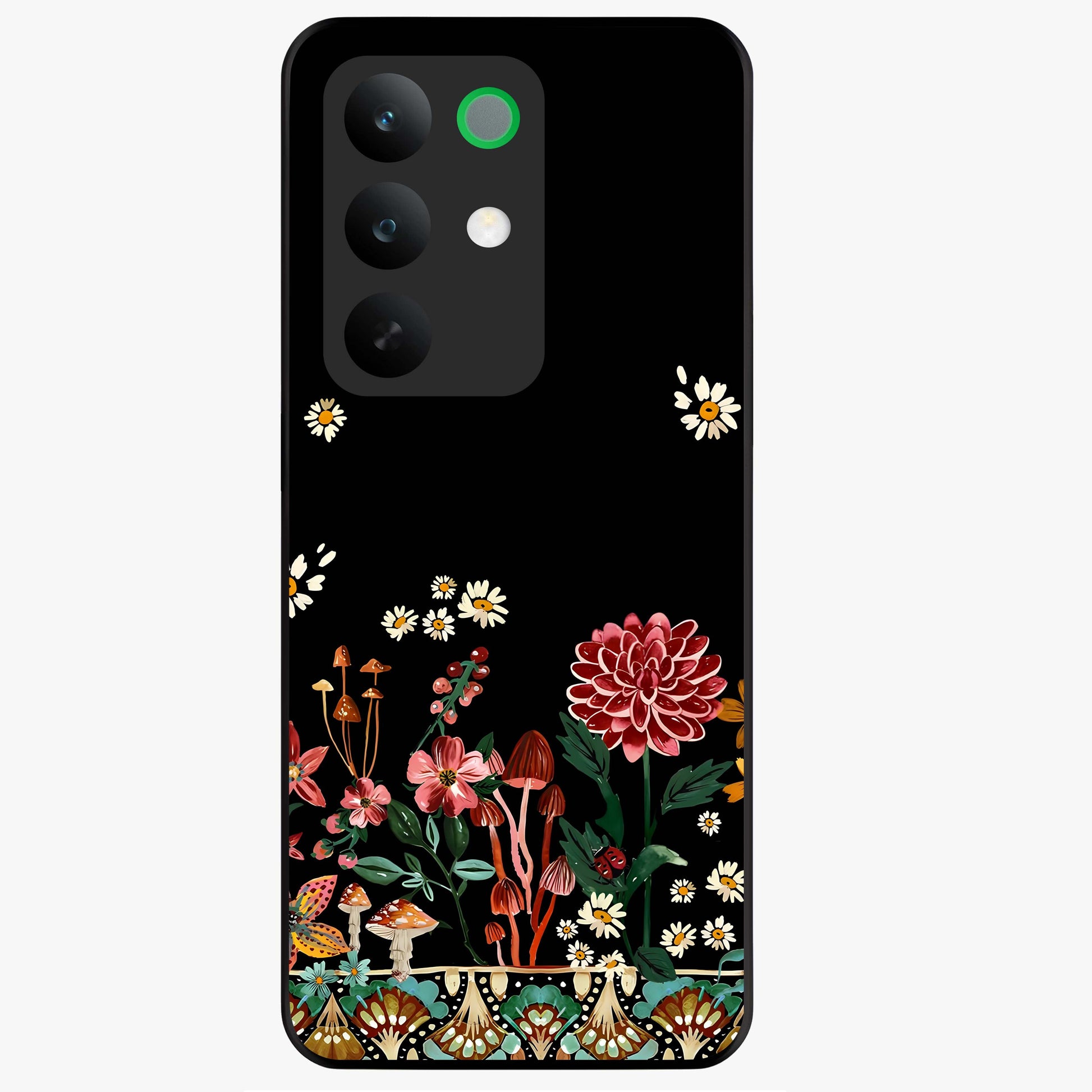 Midnight Bloom Pattern Glass Case showing flat back view with dark floral pattern artwork and glossy glass finish.