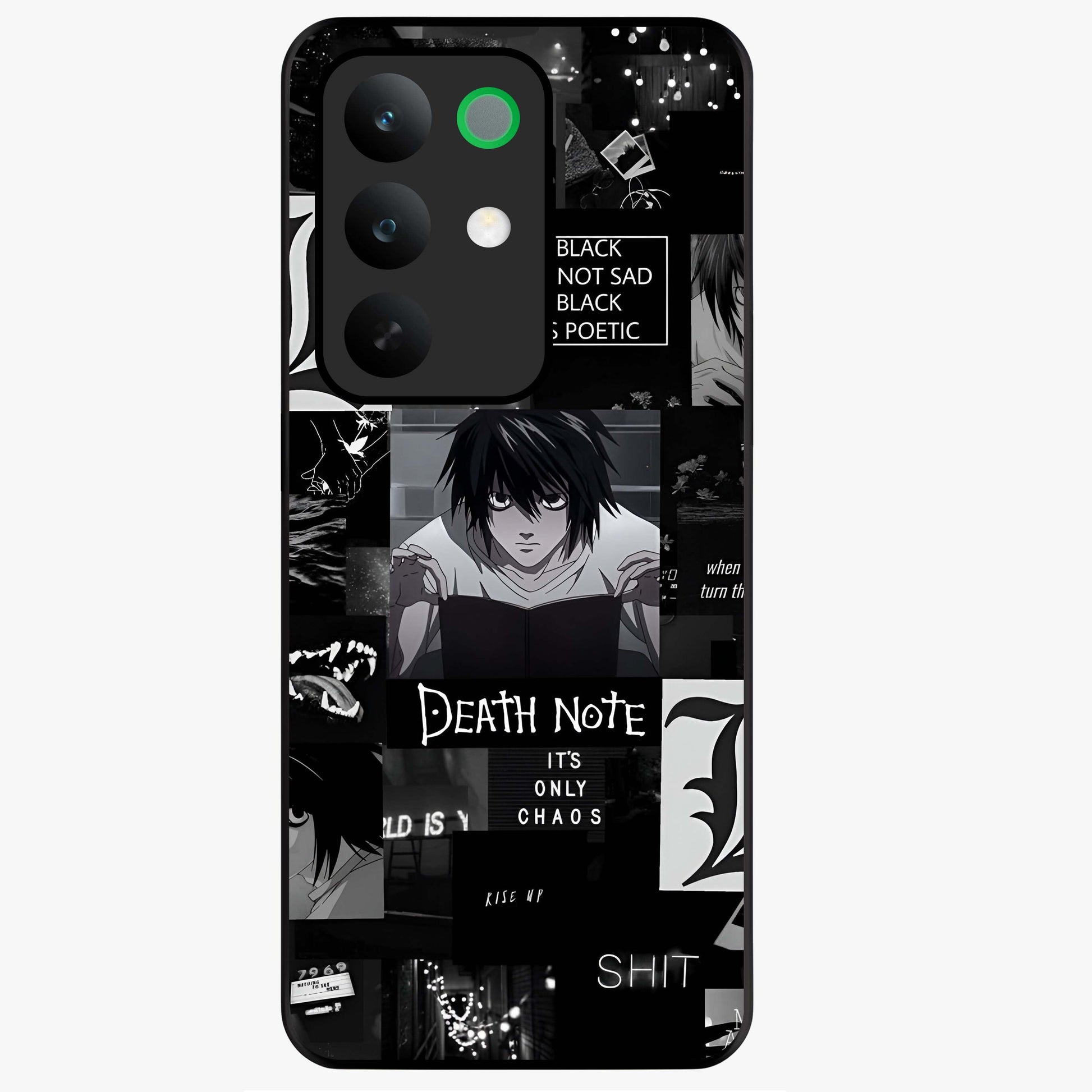 Midnight Chaos Mind Glass Case showing flat back view with abstract dark themed artwork and glossy glass finish.