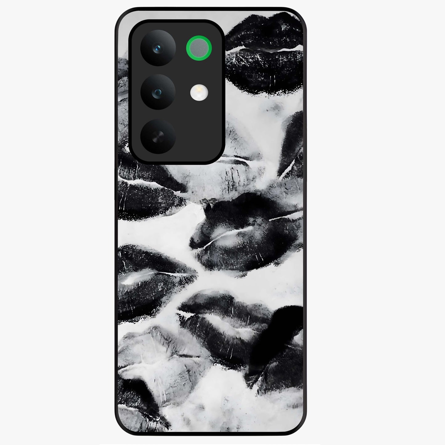 Midnight Kiss Marks Glass Case showing flat back view with lipstick kiss mark artwork and glossy glass finish.