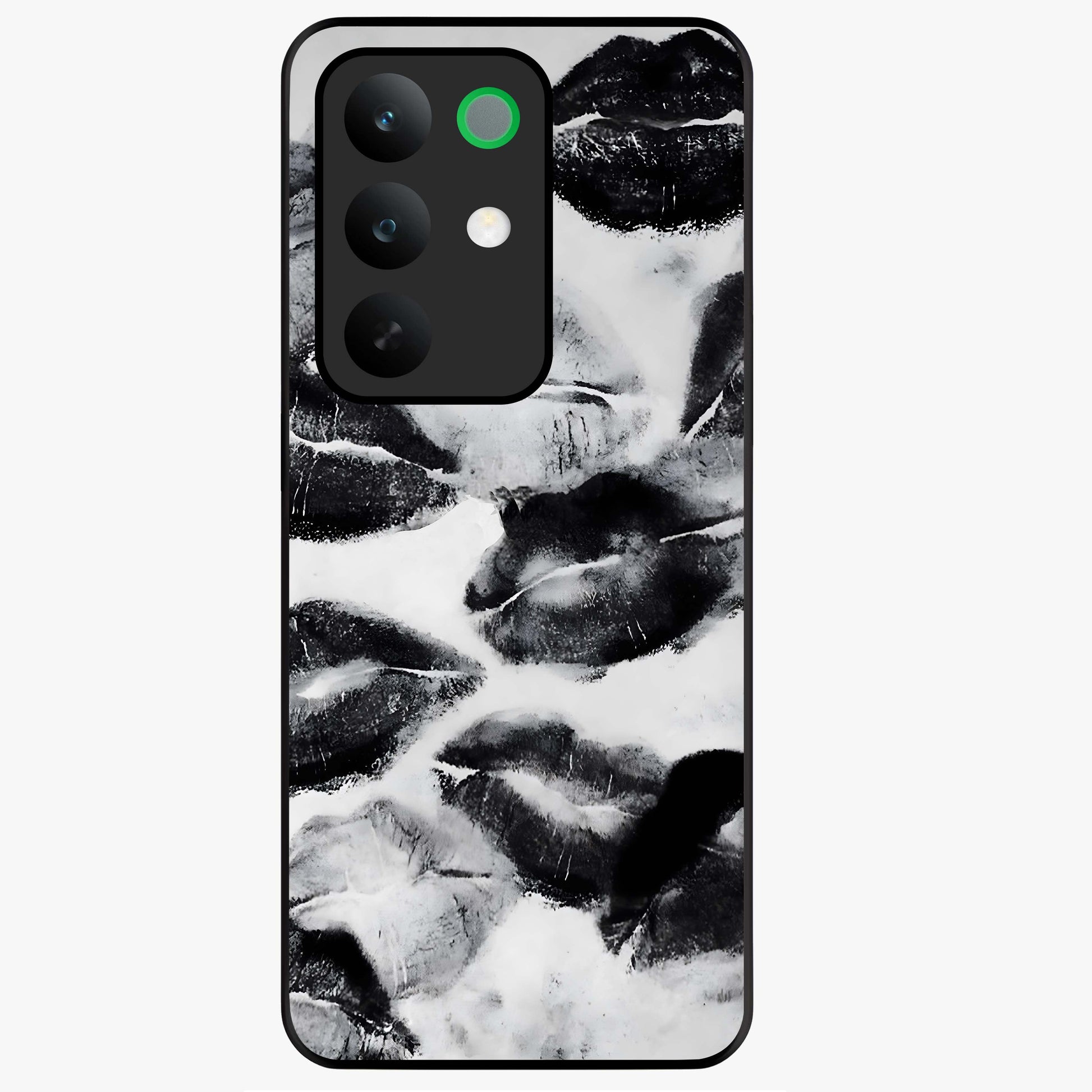 Midnight Kiss Marks Glass Case showing flat back view with lipstick kiss mark artwork and glossy glass finish.