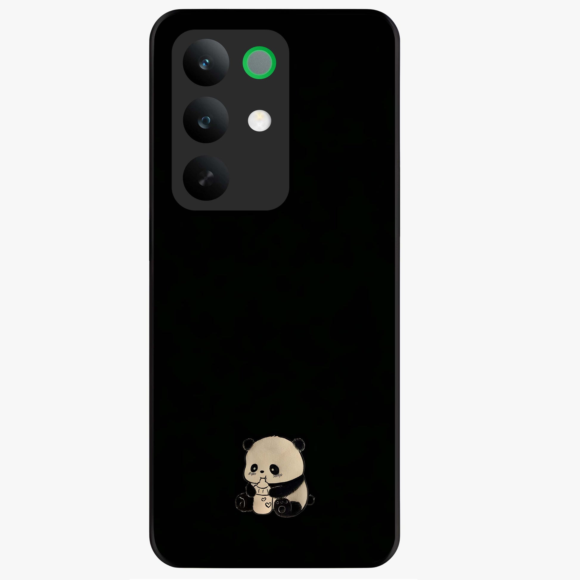 Midnight Panda Love Glass Case showing flat back view with cute panda themed artwork and glossy glass finish.