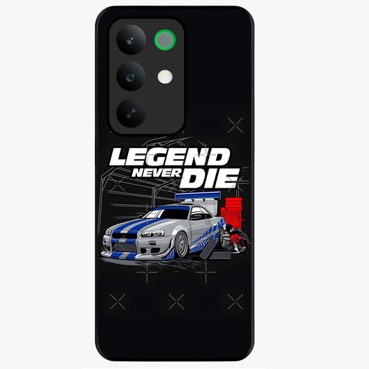 Midnight Racing Legacy Glass Case showing flat back view with sleek racing inspired artwork and glossy glass finish.