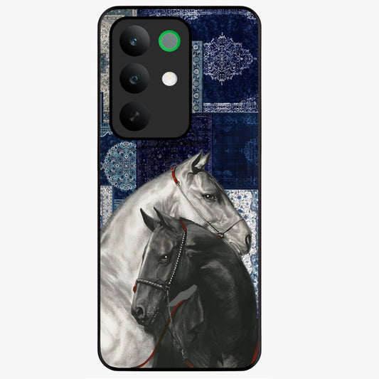 Midnight Stallion Blues Glass Case showing flat back view with majestic horse artwork and glossy glass finish.