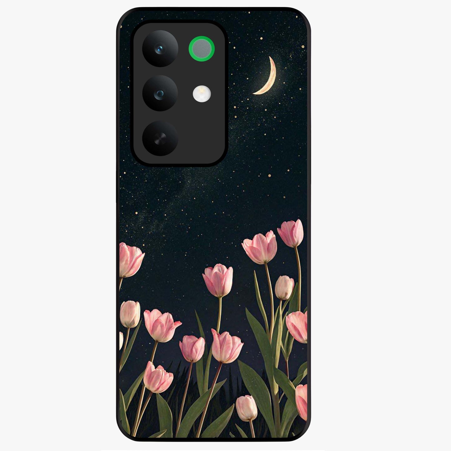 Midnight Tulip Whispers Vibe Glass Case showing flat back view with elegant tulip flower artwork and glossy glass finish.