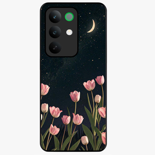 Midnight Tulip Whispers Vibe Glass Case showing flat back view with elegant tulip flower artwork and glossy glass finish.