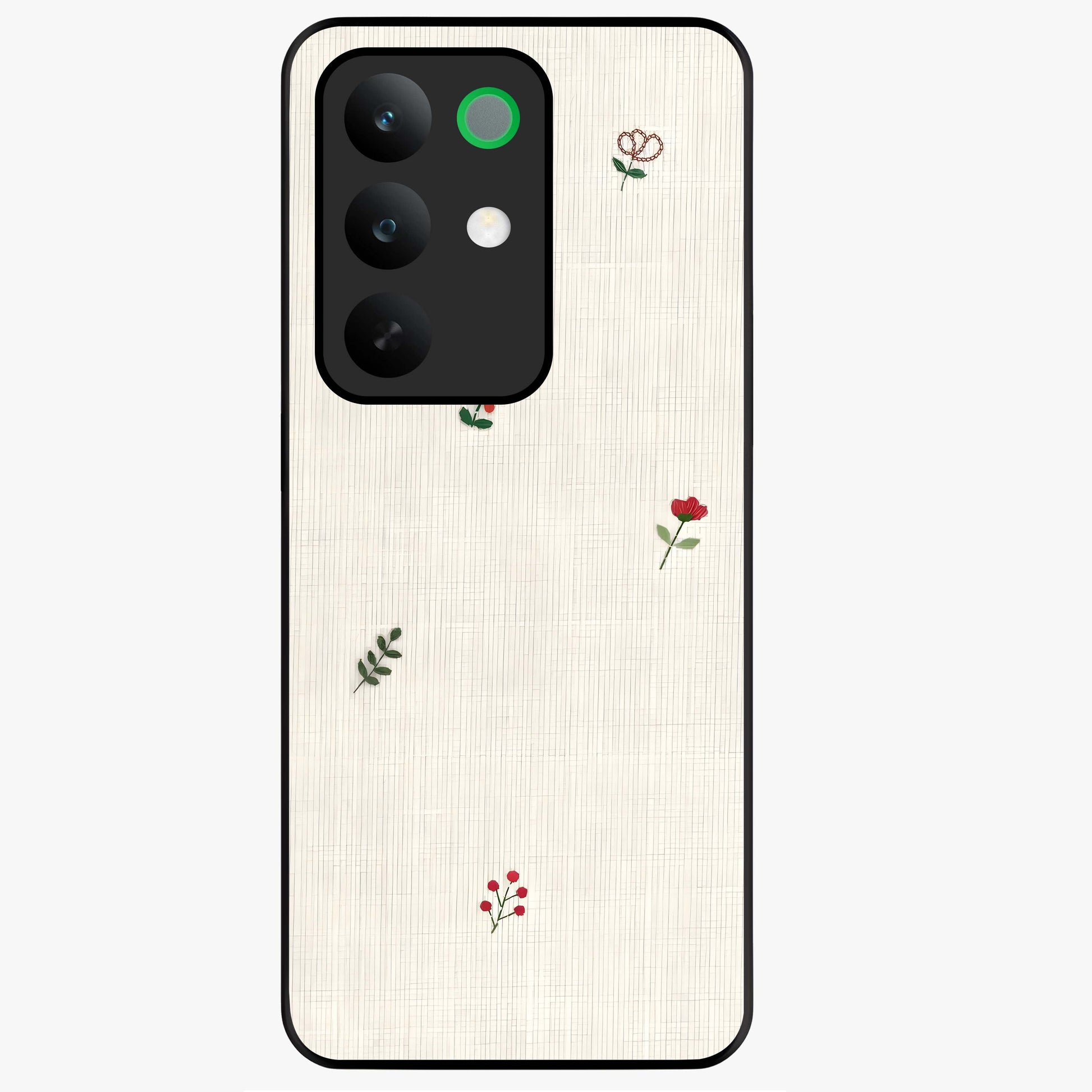 Minimal Petal Whispers Glass Case showing flat back view with soft minimal floral artwork and glossy glass finish.