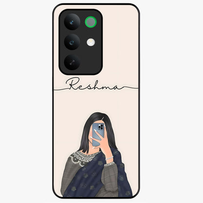 Mirror Mood Muse With Custom Name Glass Case showing flat back view with stylish mirrored artwork and personalized name design.