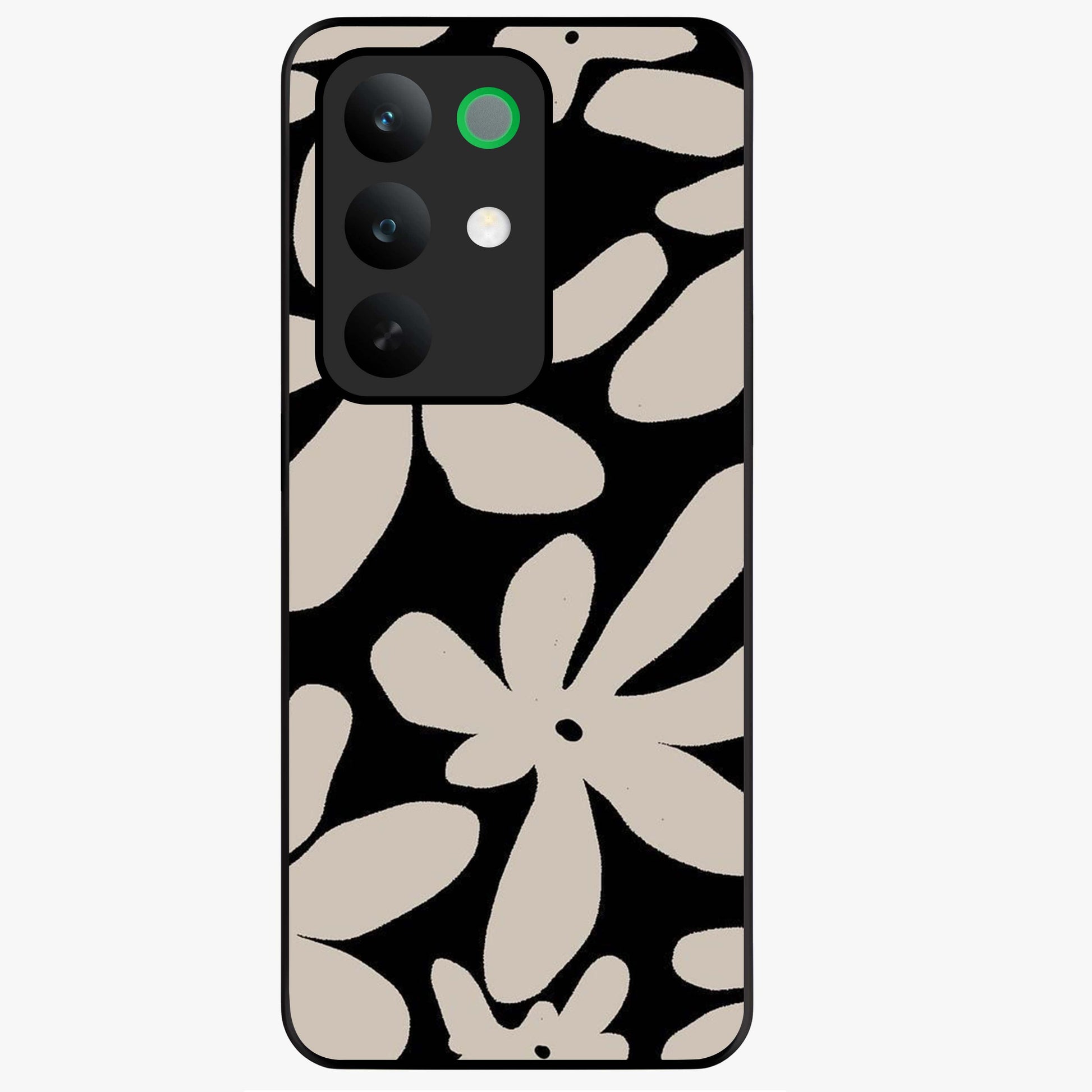 Monochrome Petal Dance Glass Case showing flat back view with monochrome floral artwork and glossy glass finish.