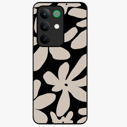 Monochrome Petal Dance Glass Case showing flat back view with monochrome floral artwork and glossy glass finish.