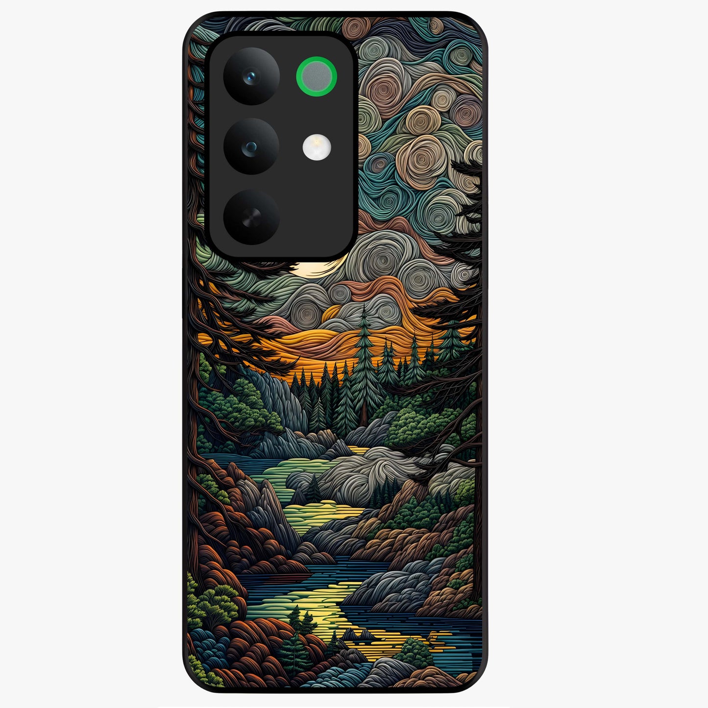 Moonlight Forest Dream Glass Case showing flat back view with mystical forest moonlight artwork and glossy glass finish.