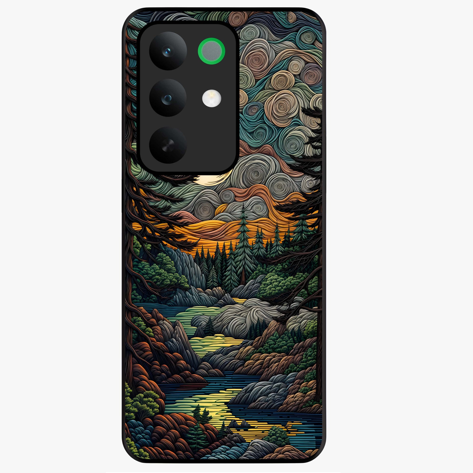 Moonlight Forest Dream Glass Case showing flat back view with mystical forest moonlight artwork and glossy glass finish.