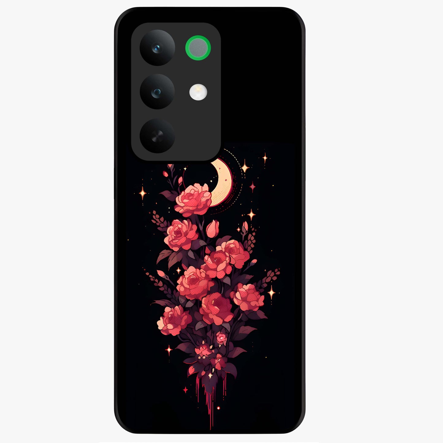 Moonlit Floral Elegance Glass Case showing flat back view with elegant floral artwork under moonlit tones and glossy glass finish.