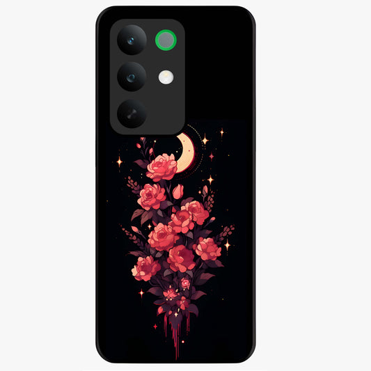 Moonlit Floral Elegance Glass Case showing flat back view with elegant floral artwork under moonlit tones and glossy glass finish.