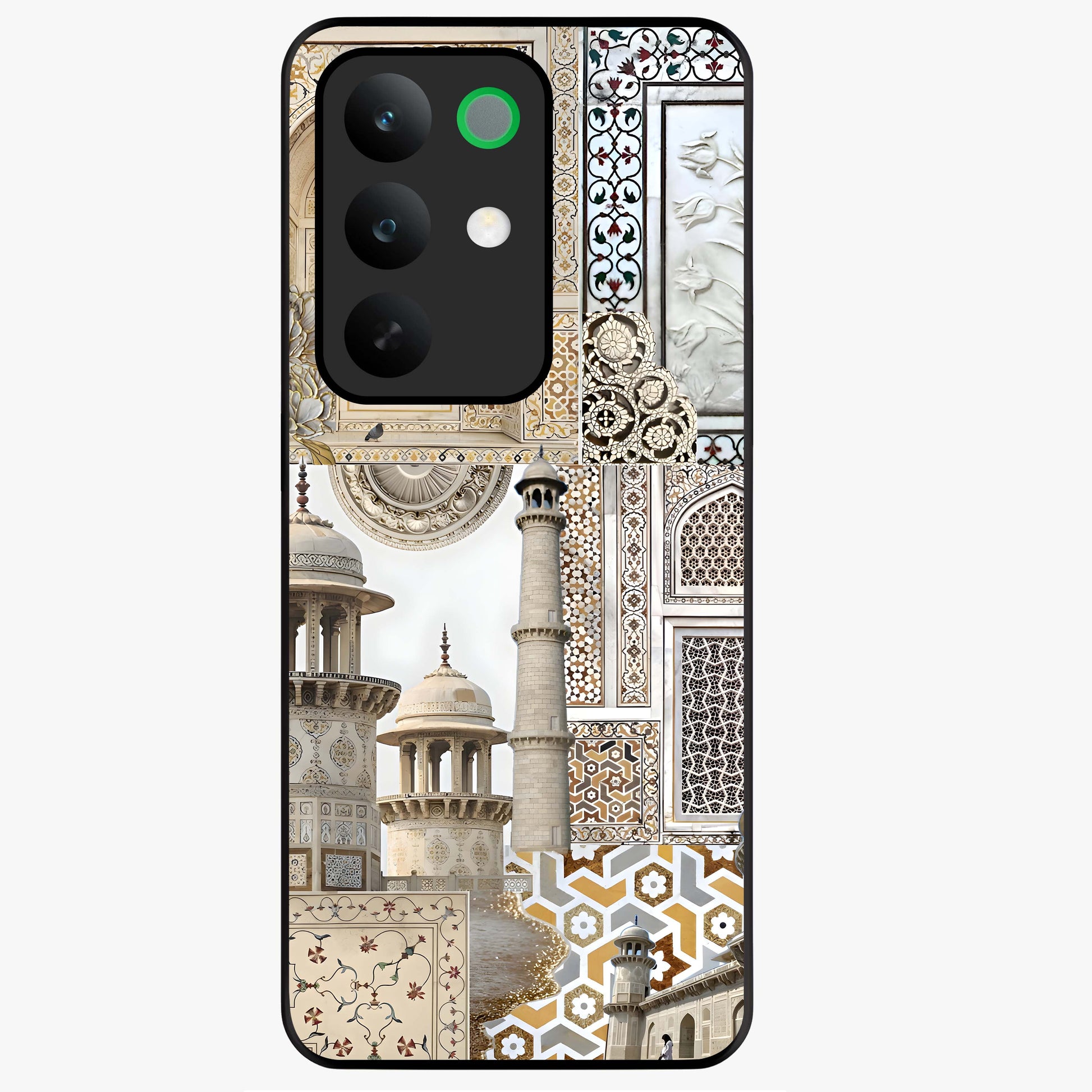 Mughal Marble Legacy Glass Case showing flat back view with intricate Mughal inspired marble pattern and glossy glass finish.