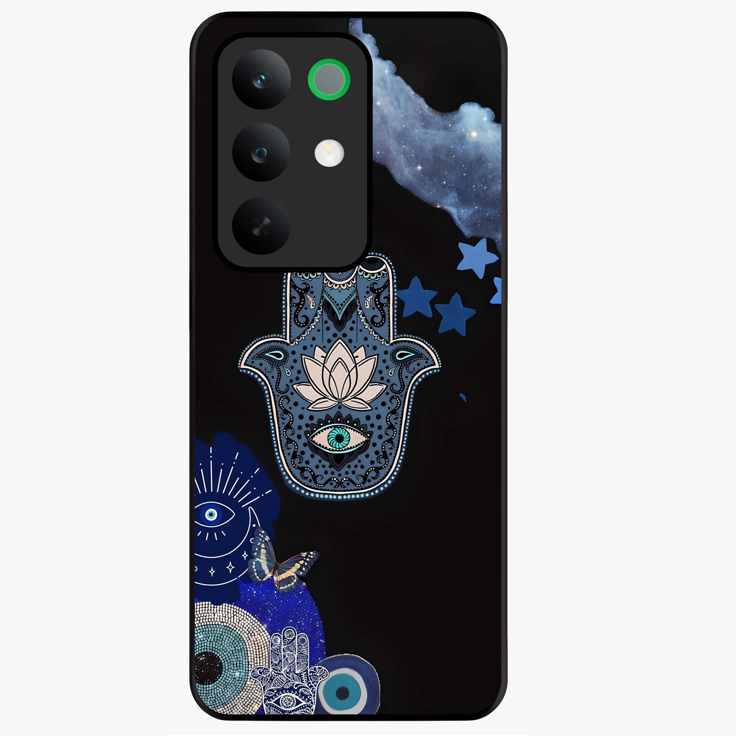Mystic Hand Aura Glass Case showing flat back view with mystical hand symbol artwork and glossy glass finish.