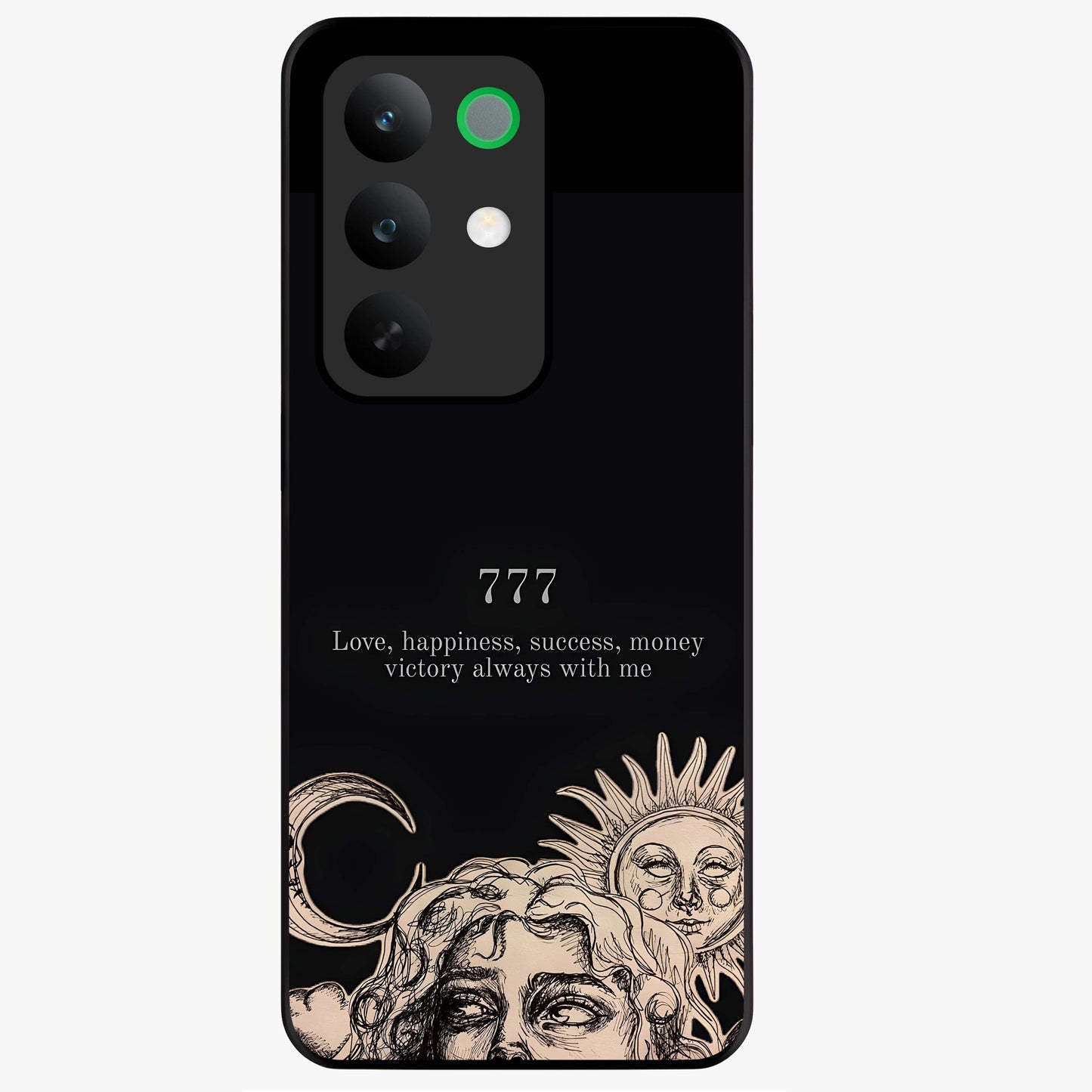 Mystic Victory Aura Glass Case showing flat back view with victory symbol artwork and glossy glass finish.