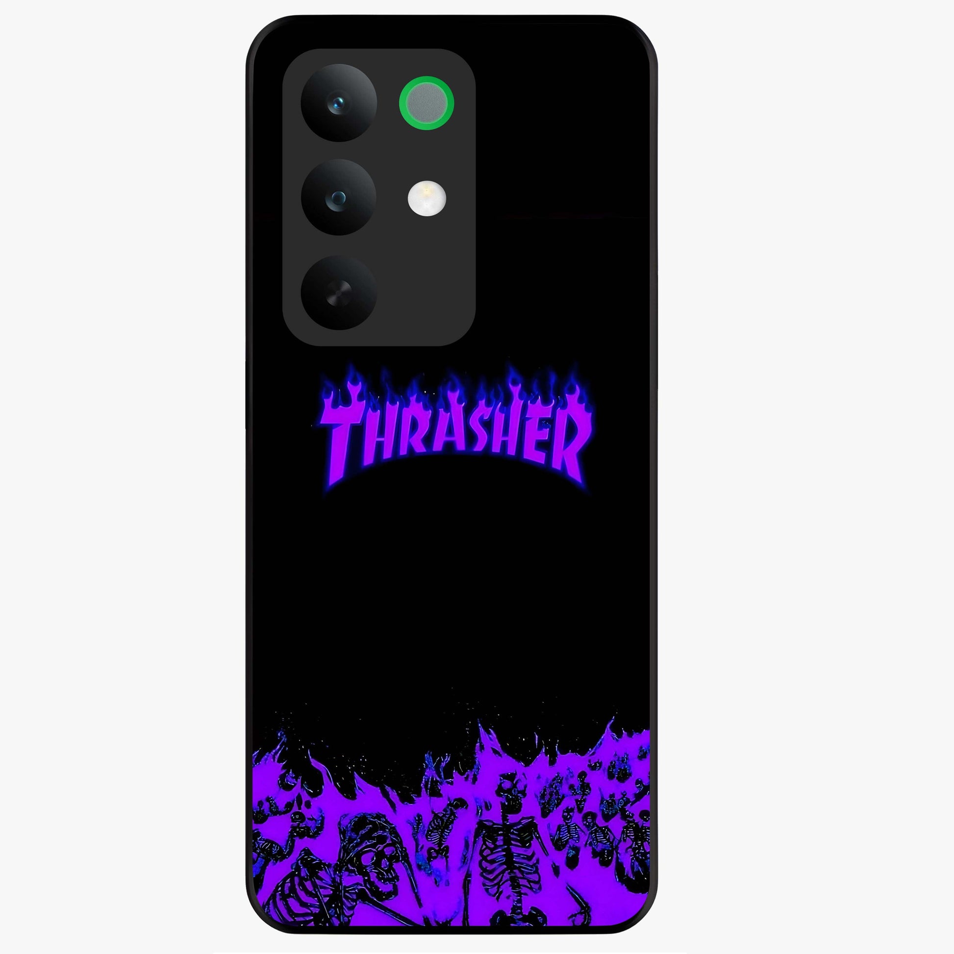Neon Flame Riot Glass Case showing flat back view with neon flame artwork and glossy glass finish.
