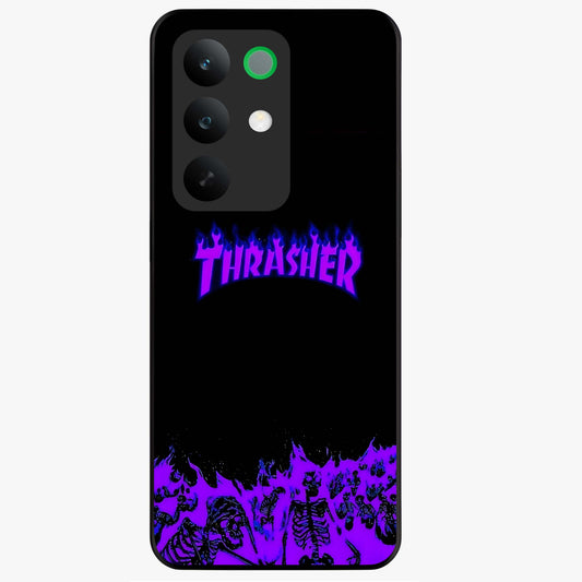 Neon Flame Riot Glass Case showing flat back view with neon flame artwork and glossy glass finish.