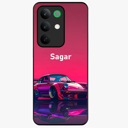 Neon Pink Porsche Glass Case showing flat back view with stylish sports car artwork and glossy glass finish.