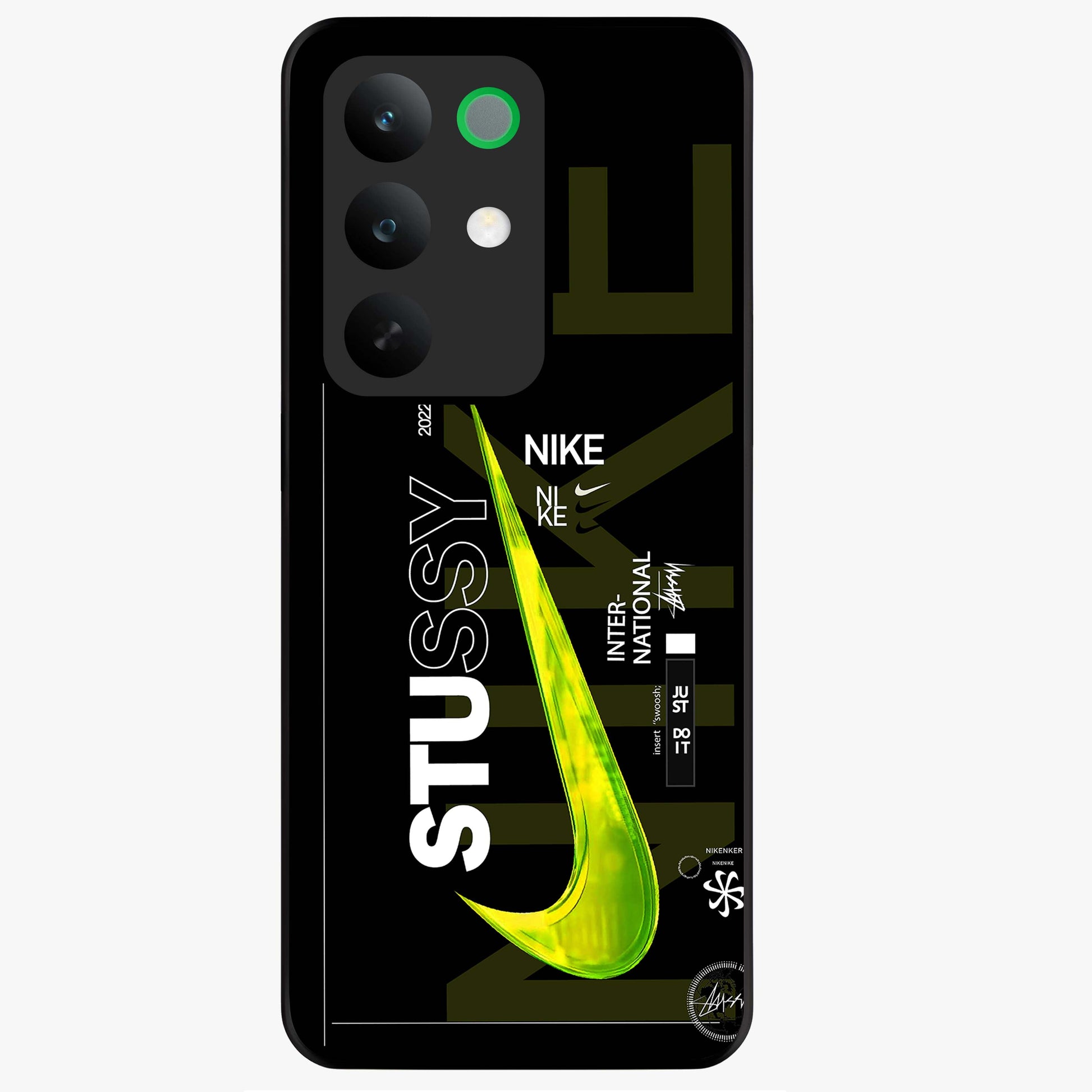 Neon Street Edition Glass Case showing flat back view with neon street style artwork and glossy glass finish.