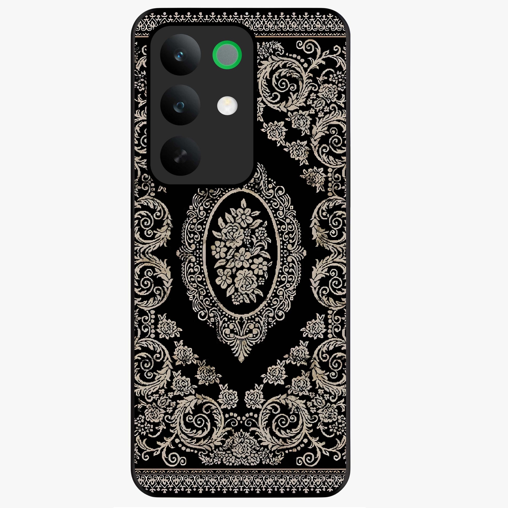 Noir Bloom Elegance Glass Case showing flat back view with elegant dark floral artwork and glossy glass finish.