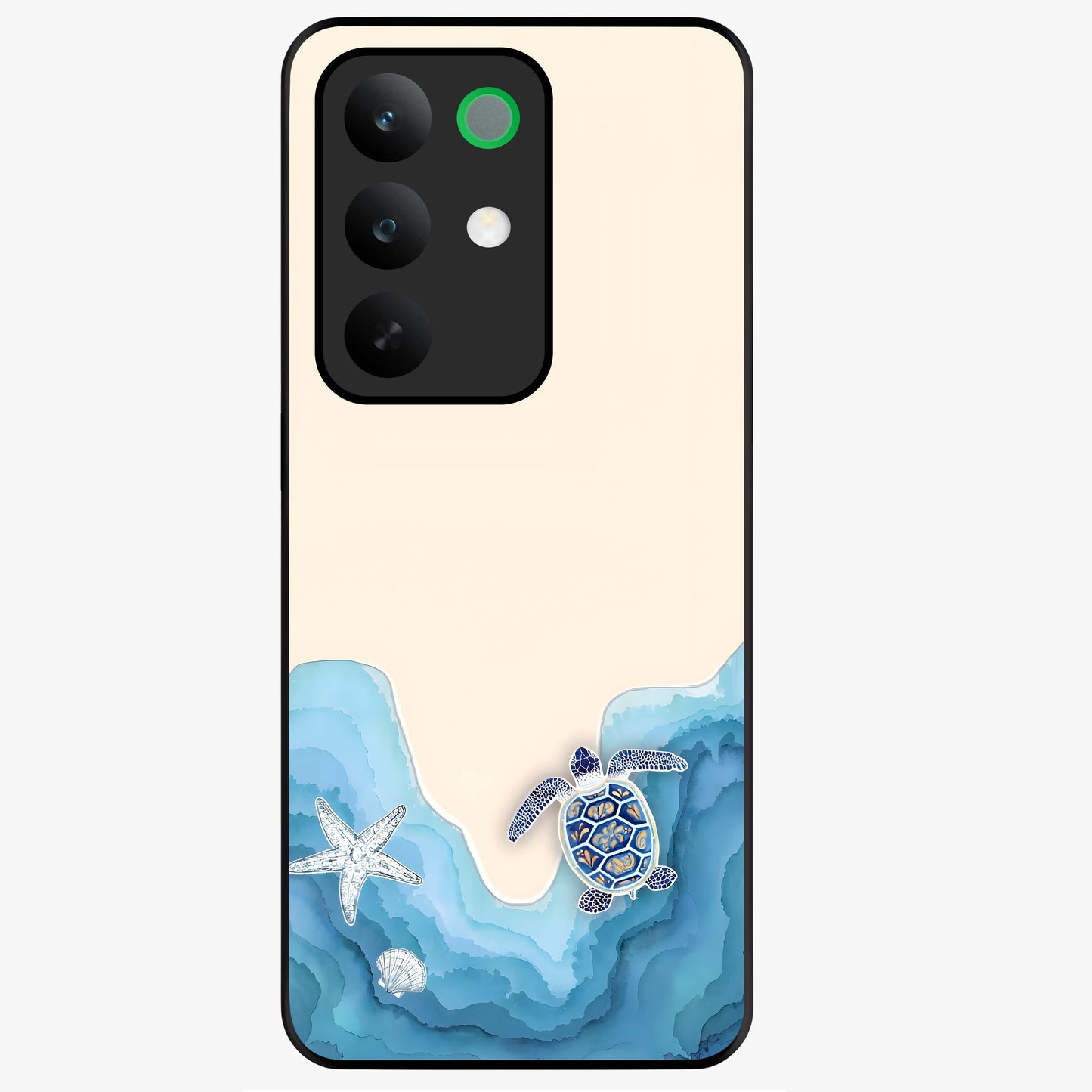 Ocean Drift Turtle Glass Case showing flat back view with sea turtle artwork and glossy glass finish.