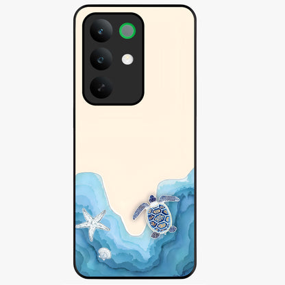 Ocean Drift Turtle Glass Case showing flat back view with sea turtle artwork and glossy glass finish.