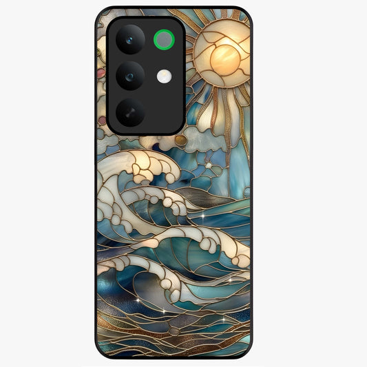 Oceanic Stained Printed Glass Case showing flat back view with ocean inspired stained pattern artwork and glossy glass finish.