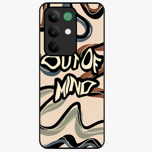 Out Of Mind Glass Case showing flat back view with expressive typography artwork and glossy glass finish.