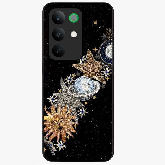 Pearls Universe Object Glass Case showing flat back view with pearl inspired cosmic artwork and glossy glass finish.