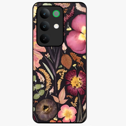 Petal Dream Tapestry Glass Case showing flat back view with intricate floral tapestry artwork and glossy glass finish.