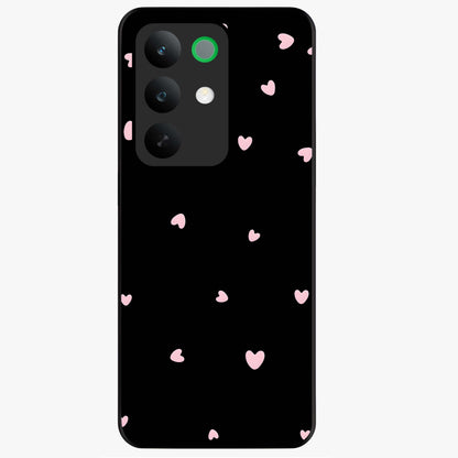 Pink Love Drops Glass Case showing flat back view with playful pink heart drops artwork and glossy glass finish.