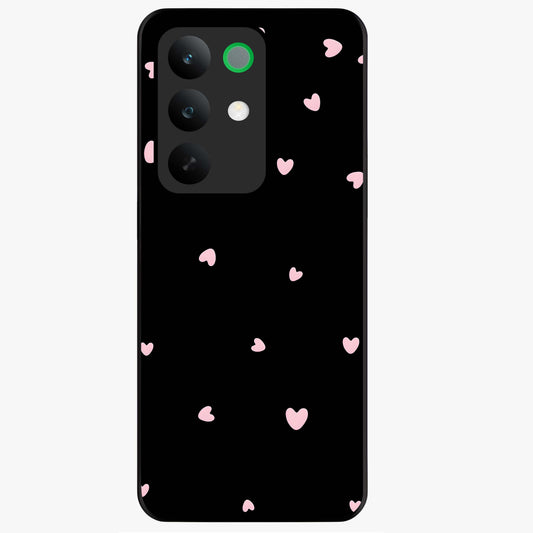 Pink Love Drops Glass Case showing flat back view with playful pink heart drops artwork and glossy glass finish.