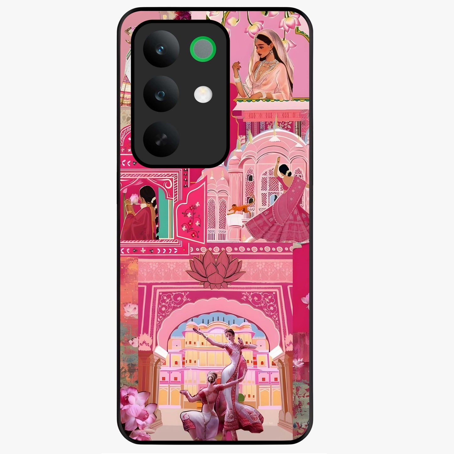 Pink Palace Muse Glass Case showing flat back view with elegant palace inspired artwork and glossy glass finish.