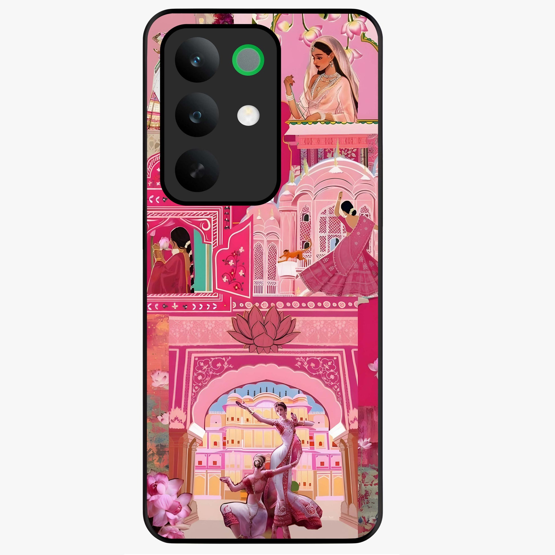 Pink Palace Muse Glass Case showing flat back view with elegant palace inspired artwork and glossy glass finish.