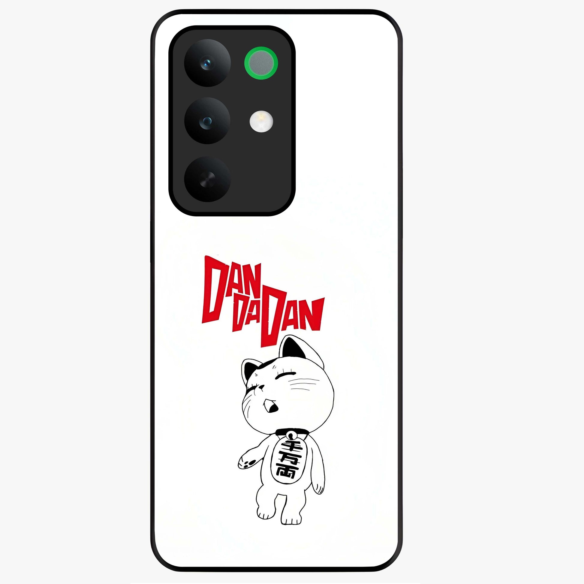 Playful Spirit Charm Glass Case showing flat back view with cheerful charm themed artwork and glossy glass finish.