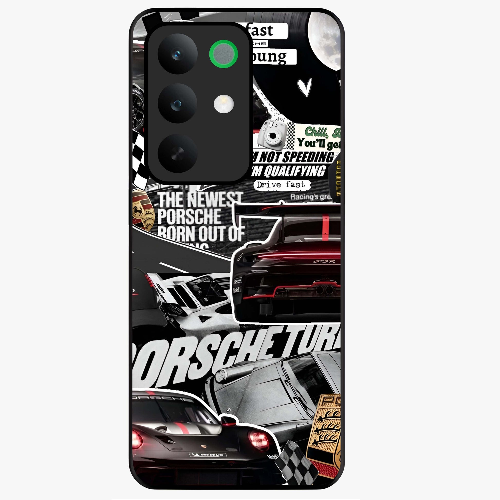 Porsche Racing Collage Glass Case showing flat back view with sports car racing collage artwork and glossy glass finish.
