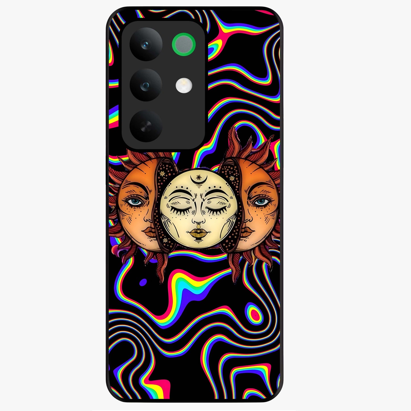 Psychedelic Sun Glass Case showing flat back view with colorful psychedelic sun artwork and glossy glass finish.