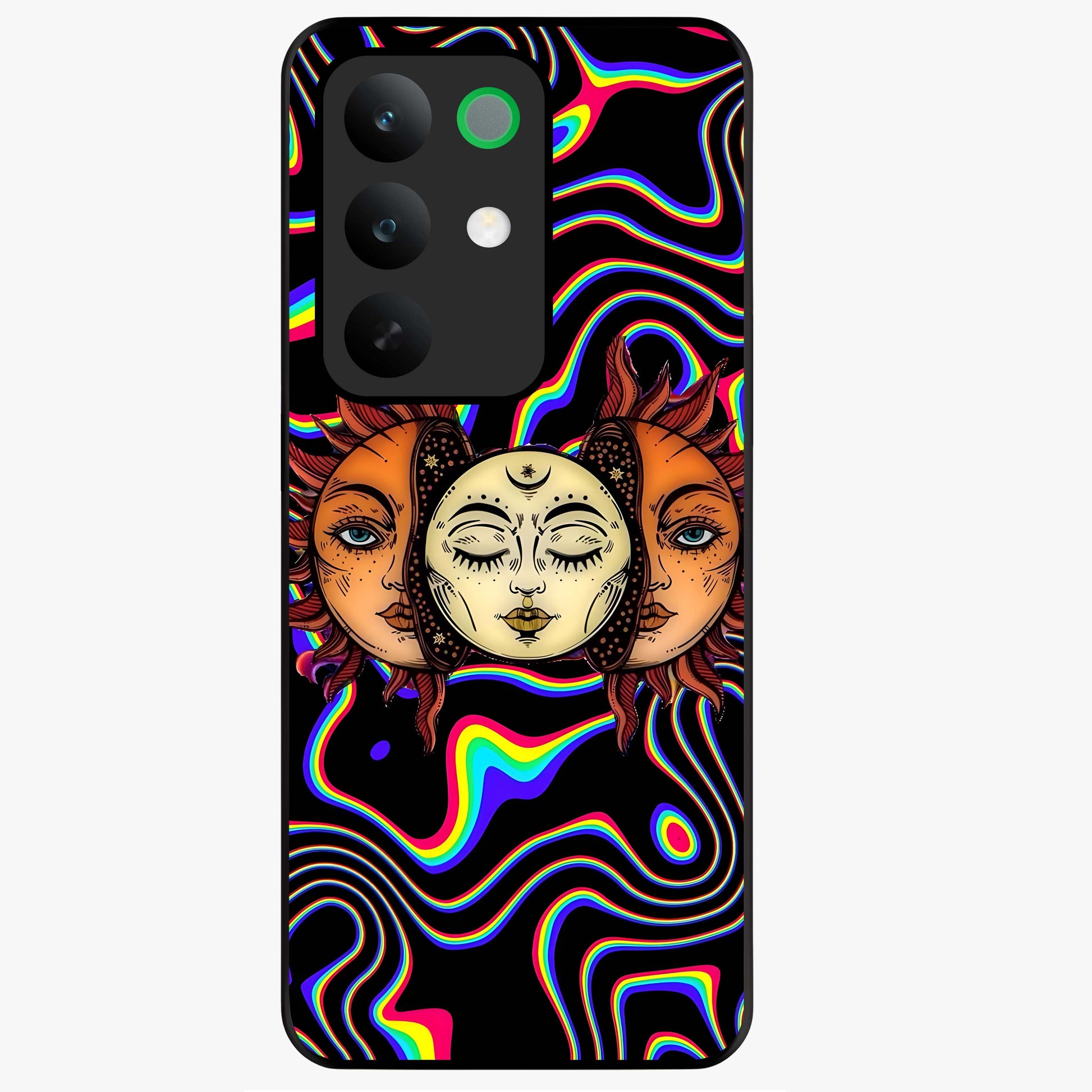 Psychedelic Sun Glass Case showing flat back view with colorful psychedelic sun artwork and glossy glass finish.