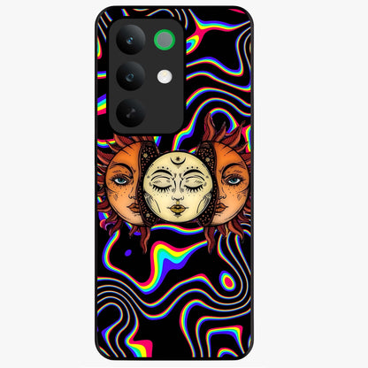 Psychedelic Sun Glass Case showing flat back view with colorful psychedelic sun artwork and glossy glass finish.