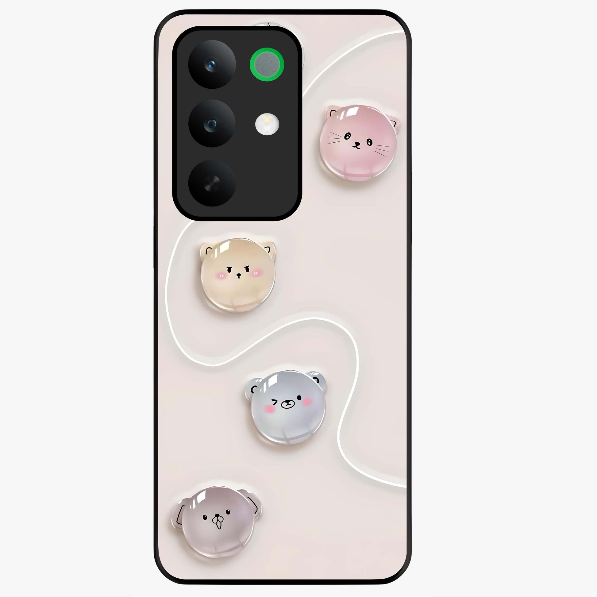 Puffy Face Parade Glass Case showing flat back view with cute puffy character faces artwork and glossy glass finish.