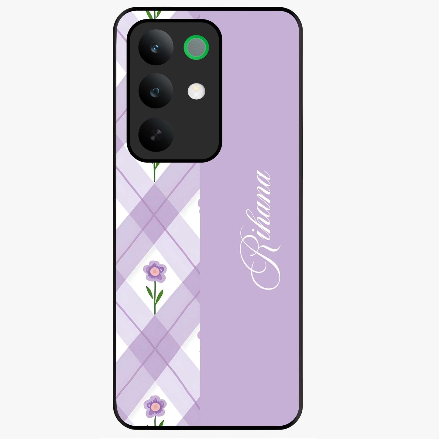 Purple Diamond Floral Glass Case showing flat back view with diamond shaped floral artwork and glossy glass finish.