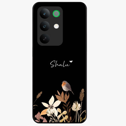 Quiet Garden Tune Custom Name Glass Case showing flat back view with peaceful garden artwork and personalized name design.